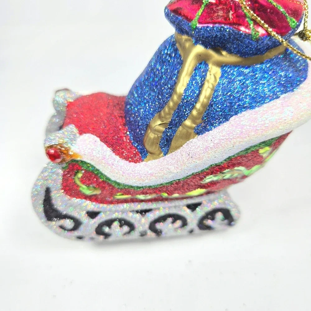Blown Glass Christmas Ornament Santa's Sleigh Glitter Sparkle Bejeweled Costco‎